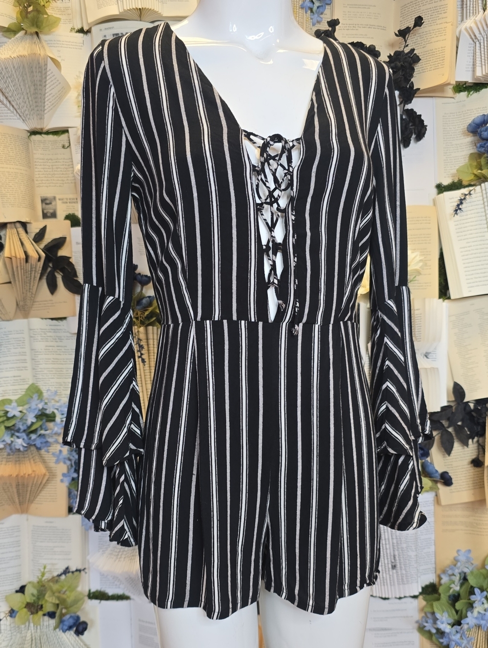 Striped Lace-up Bell Sleeve Romper from Love Culture SM Black & White